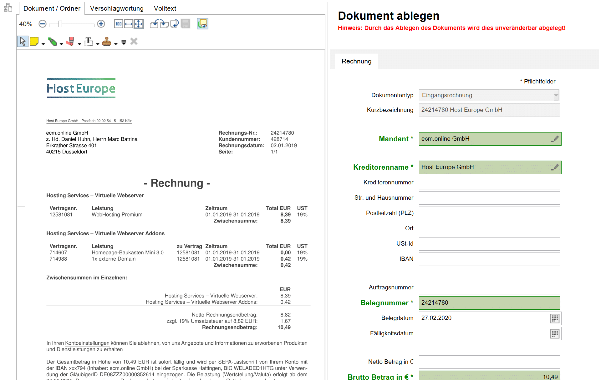 Erfassung von Rechnungsdaten in Invoice Basic