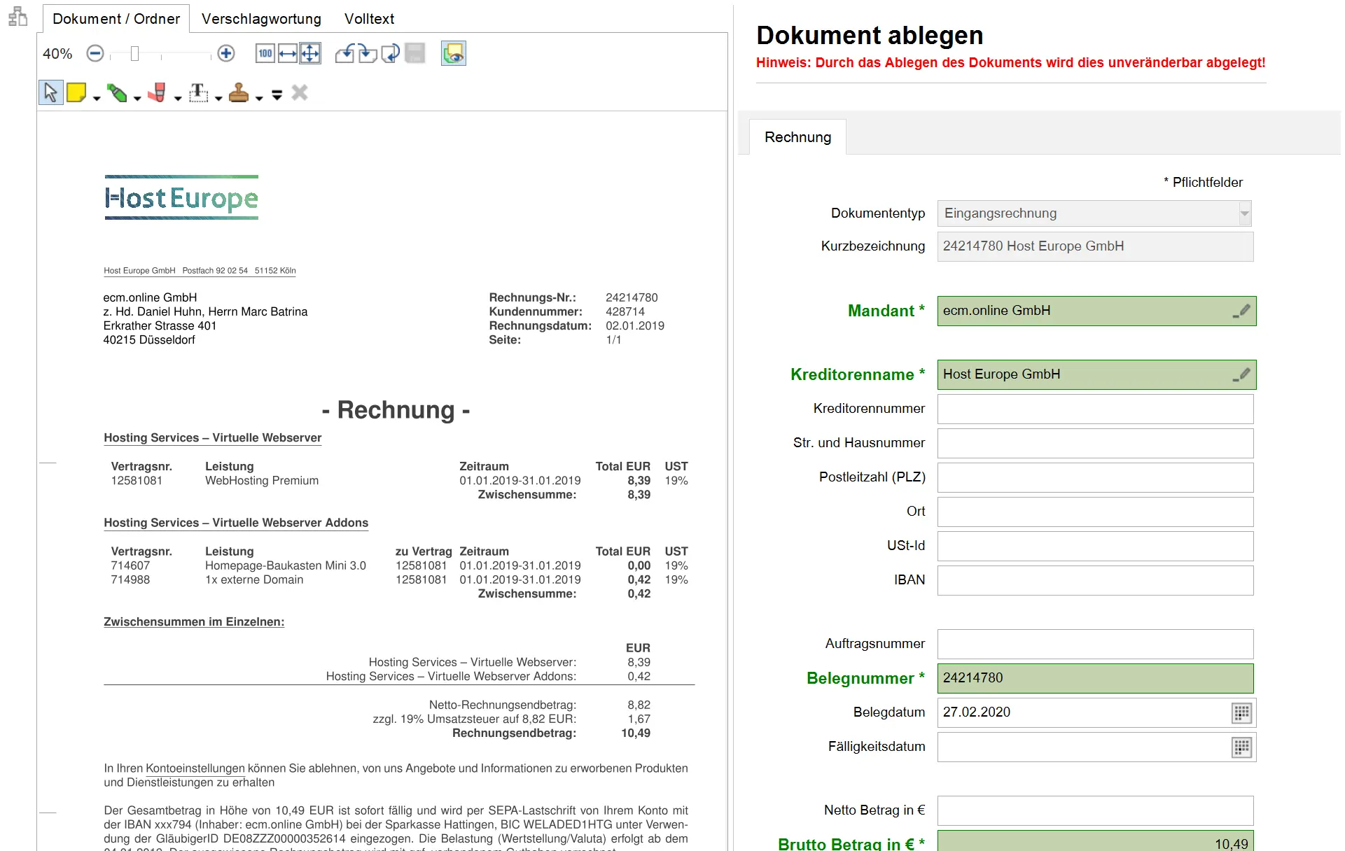 Erfassung von Rechnungsdaten in Invoice Basic